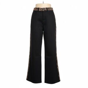 Leopard Trim Black Women's Pants Stretchy Denim Like Fabric